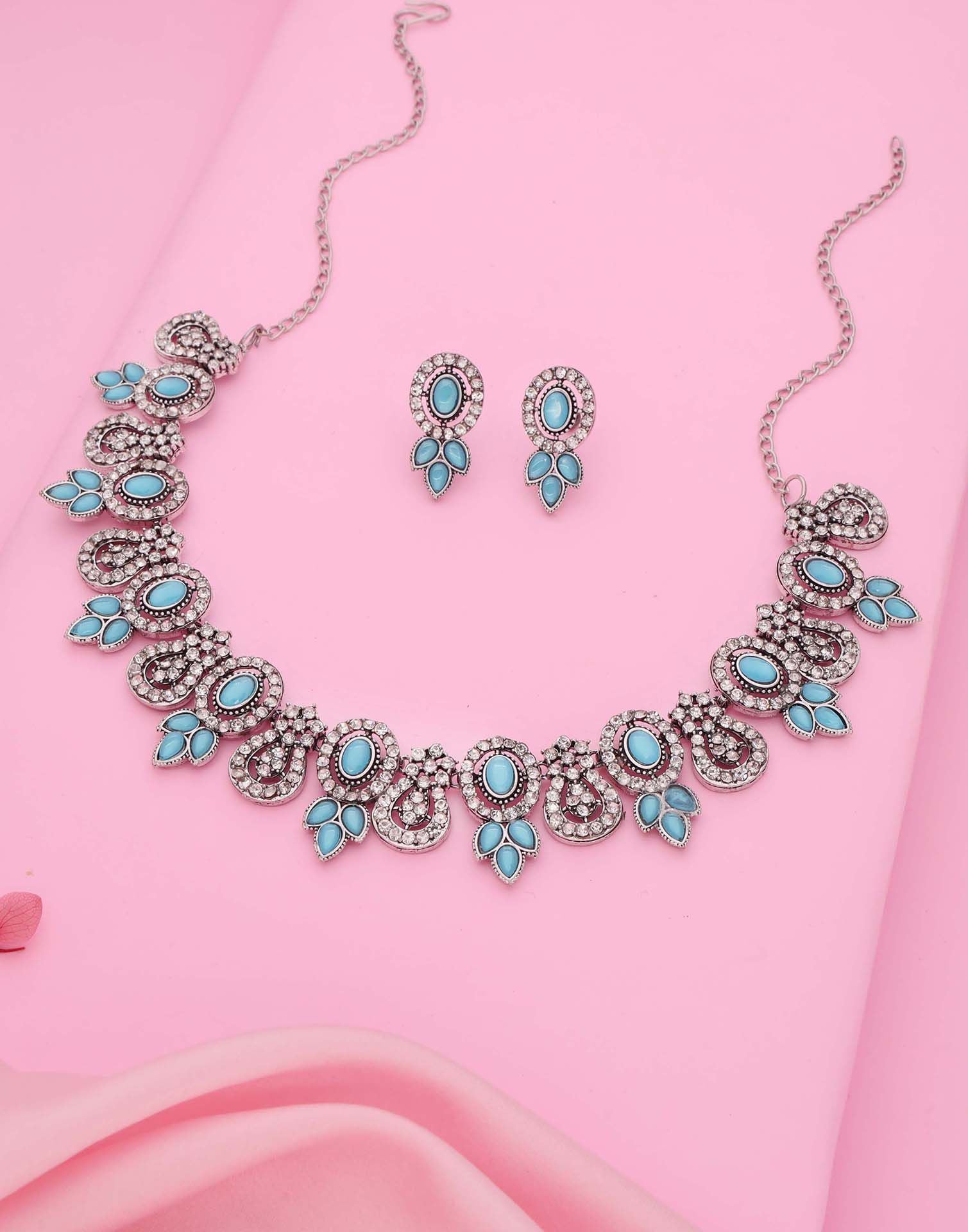 Blue Silver Choker Necklace Set With Dangle Earring