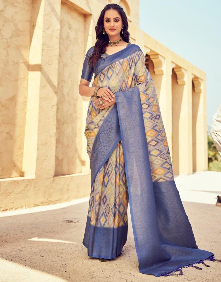 Ready to Wear Blue Silk Printed Saree