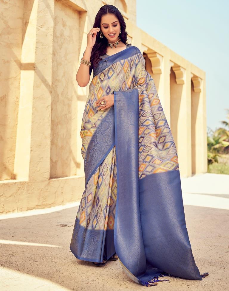 Ready to Wear Blue Silk Printed Saree