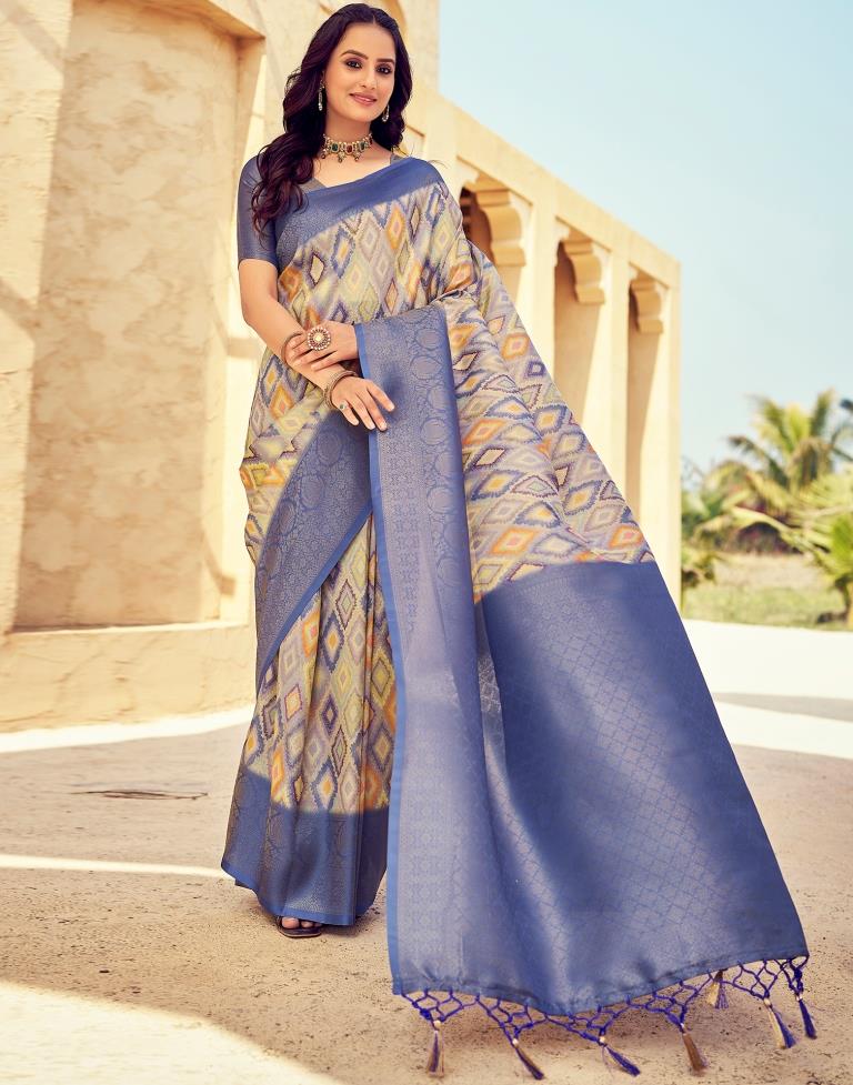 Ready to Wear Blue Silk Printed Saree