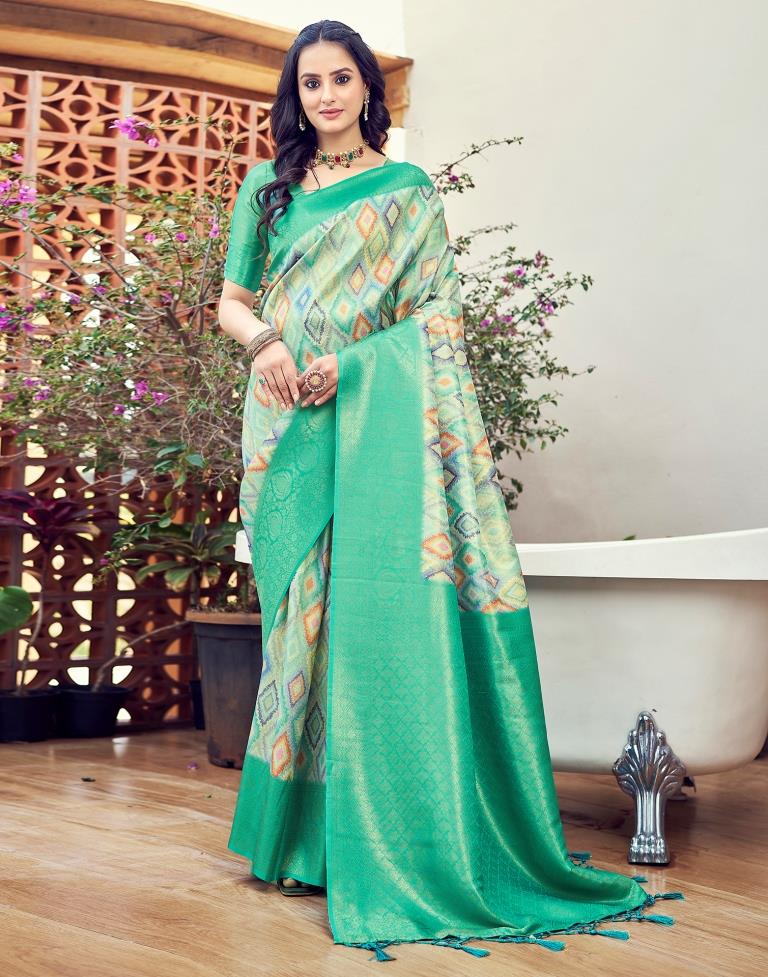 Ready to Wear Turquoise Silk Printed Saree