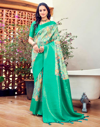 Ready to Wear Turquoise Silk Printed Saree