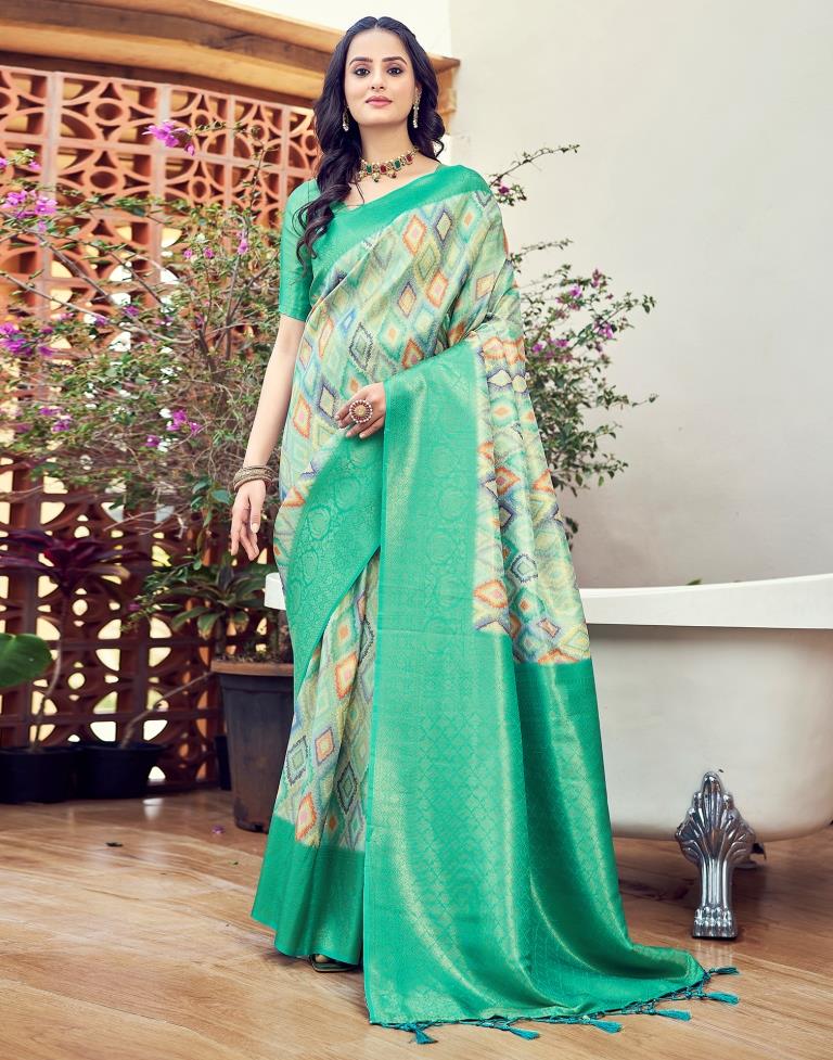 Ready to Wear Turquoise Silk Printed Saree