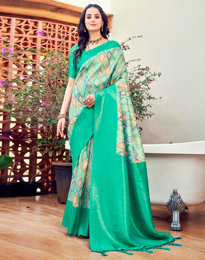 Ready to Wear Turquoise Silk Printed Saree