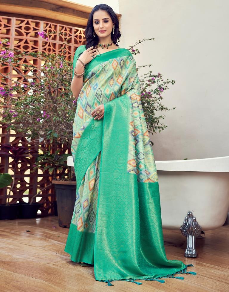 Ready to Wear Turquoise Silk Printed Saree