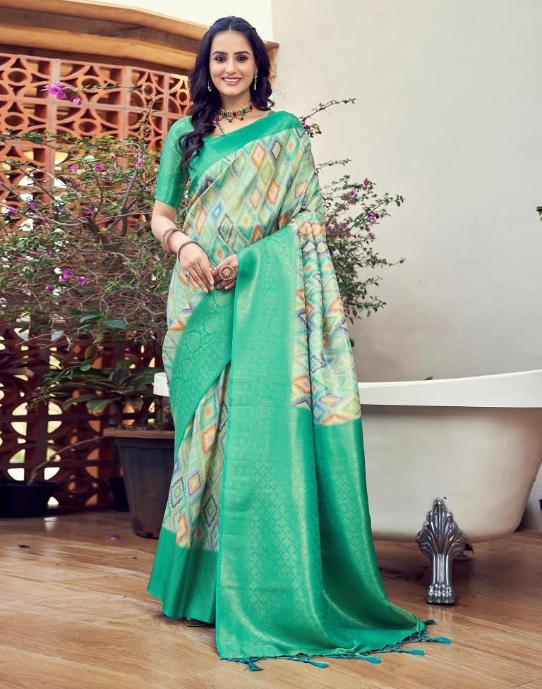 Ready to Wear Turquoise Silk Printed Saree