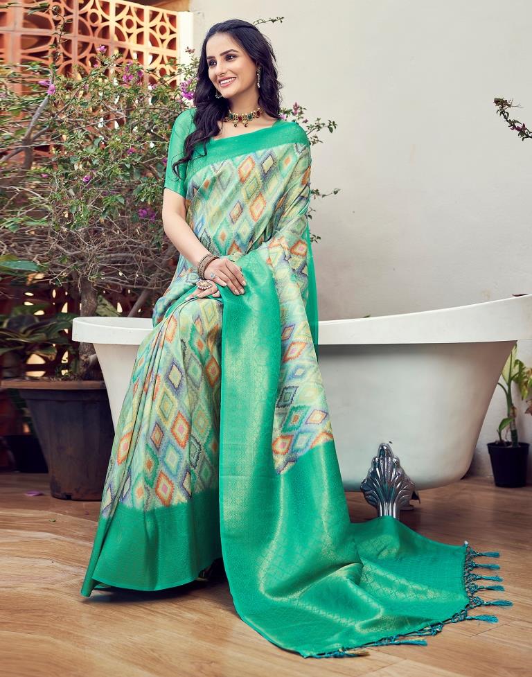 Ready to Wear Turquoise Silk Printed Saree