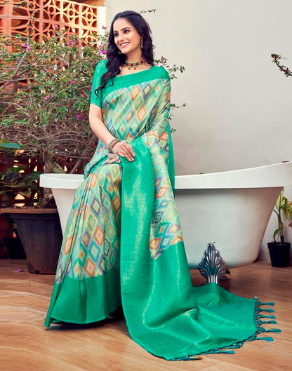 Ready to Wear Turquoise Silk Printed Saree