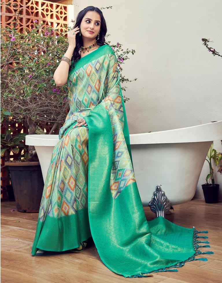 Ready to Wear Turquoise Silk Printed Saree