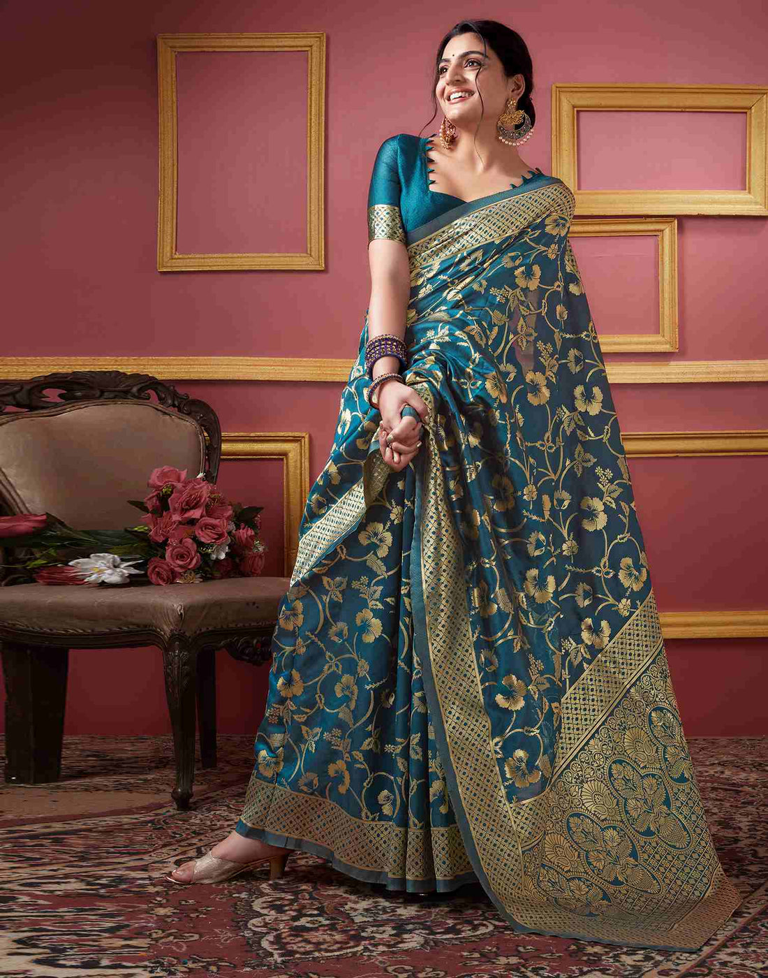 Rama Colour Floral Banarasi Silk Saree