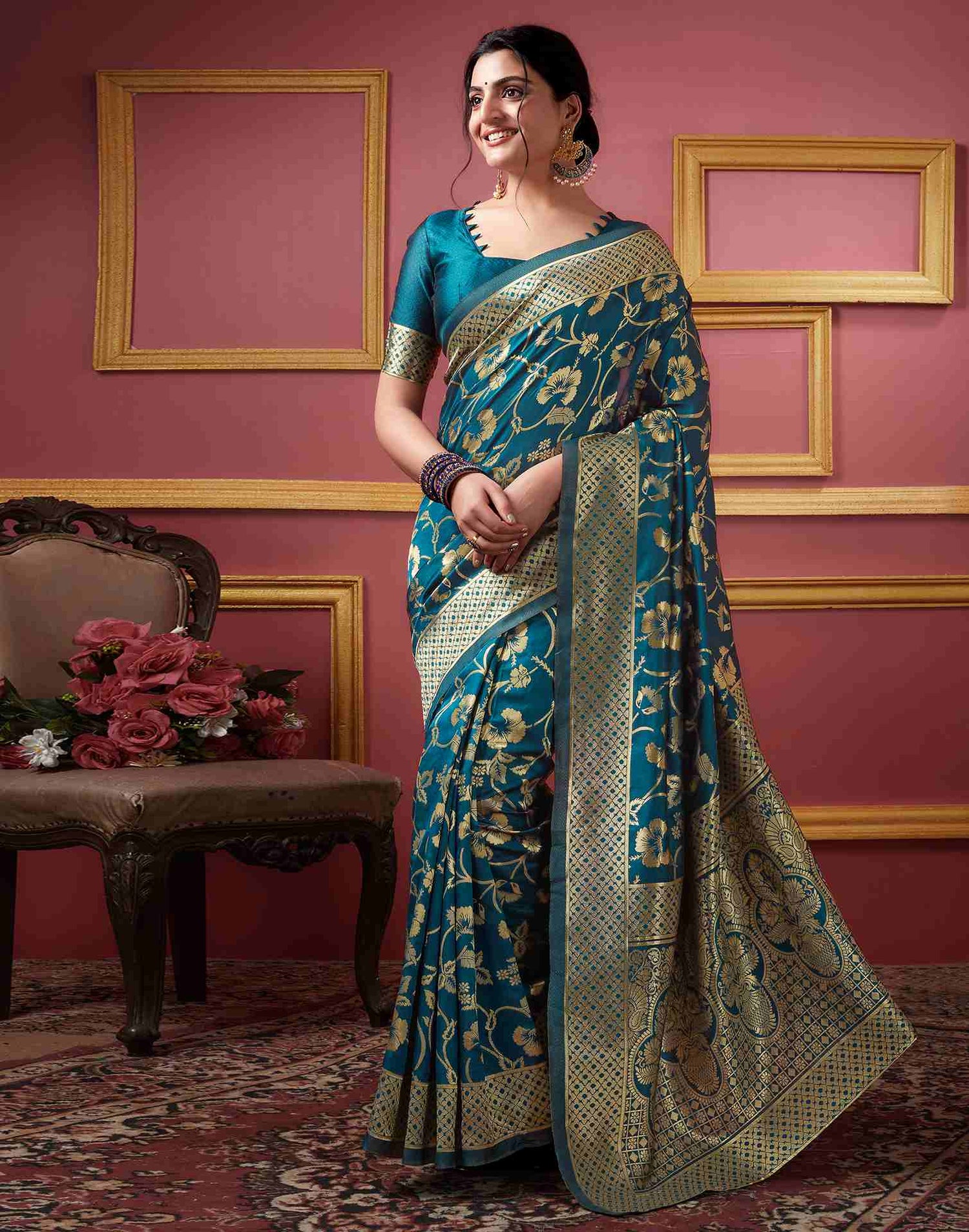 Rama Colour Floral Banarasi Silk Saree