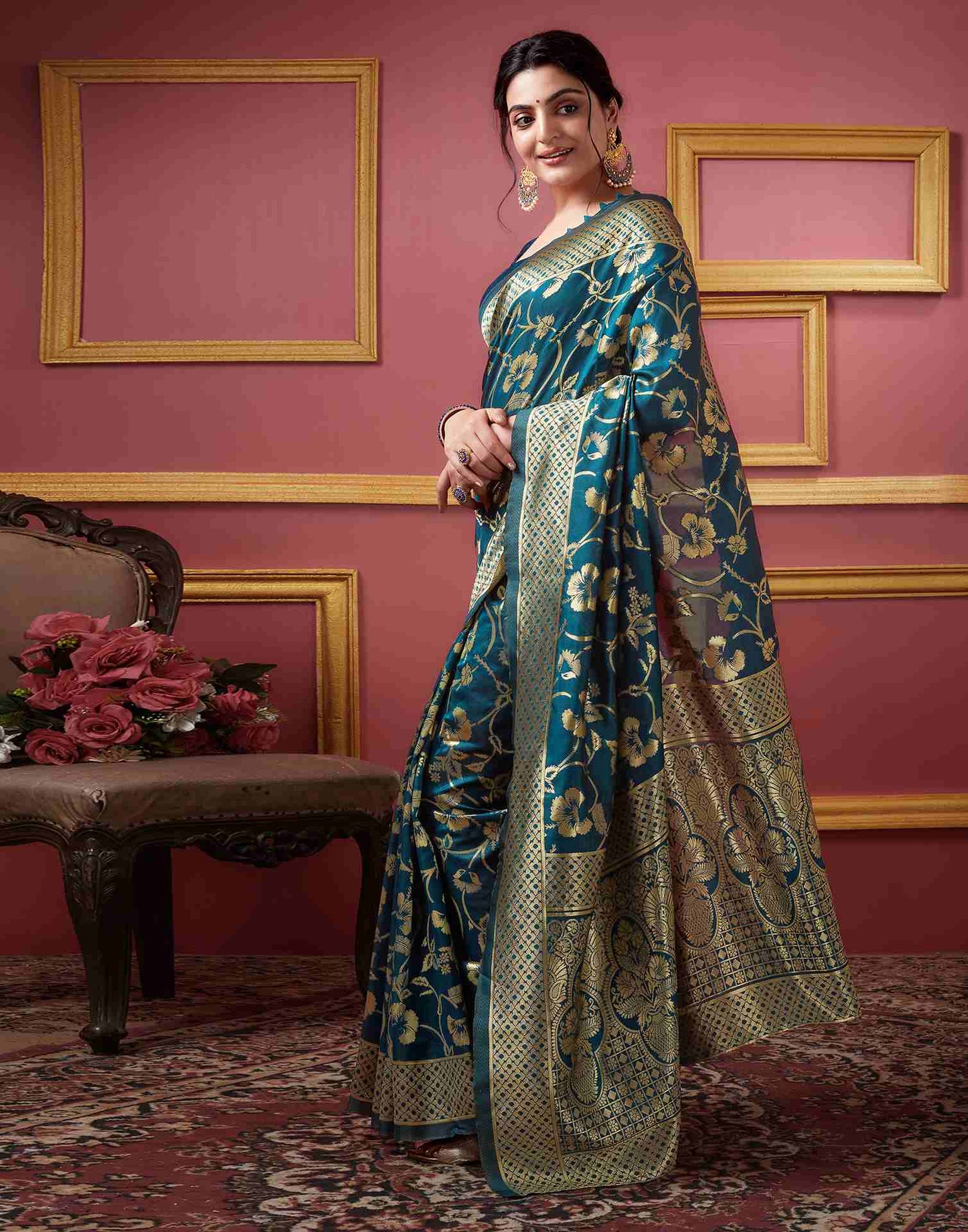 Rama Colour Floral Banarasi Silk Saree