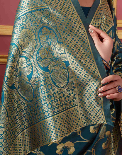 Rama Colour Floral Banarasi Silk Saree