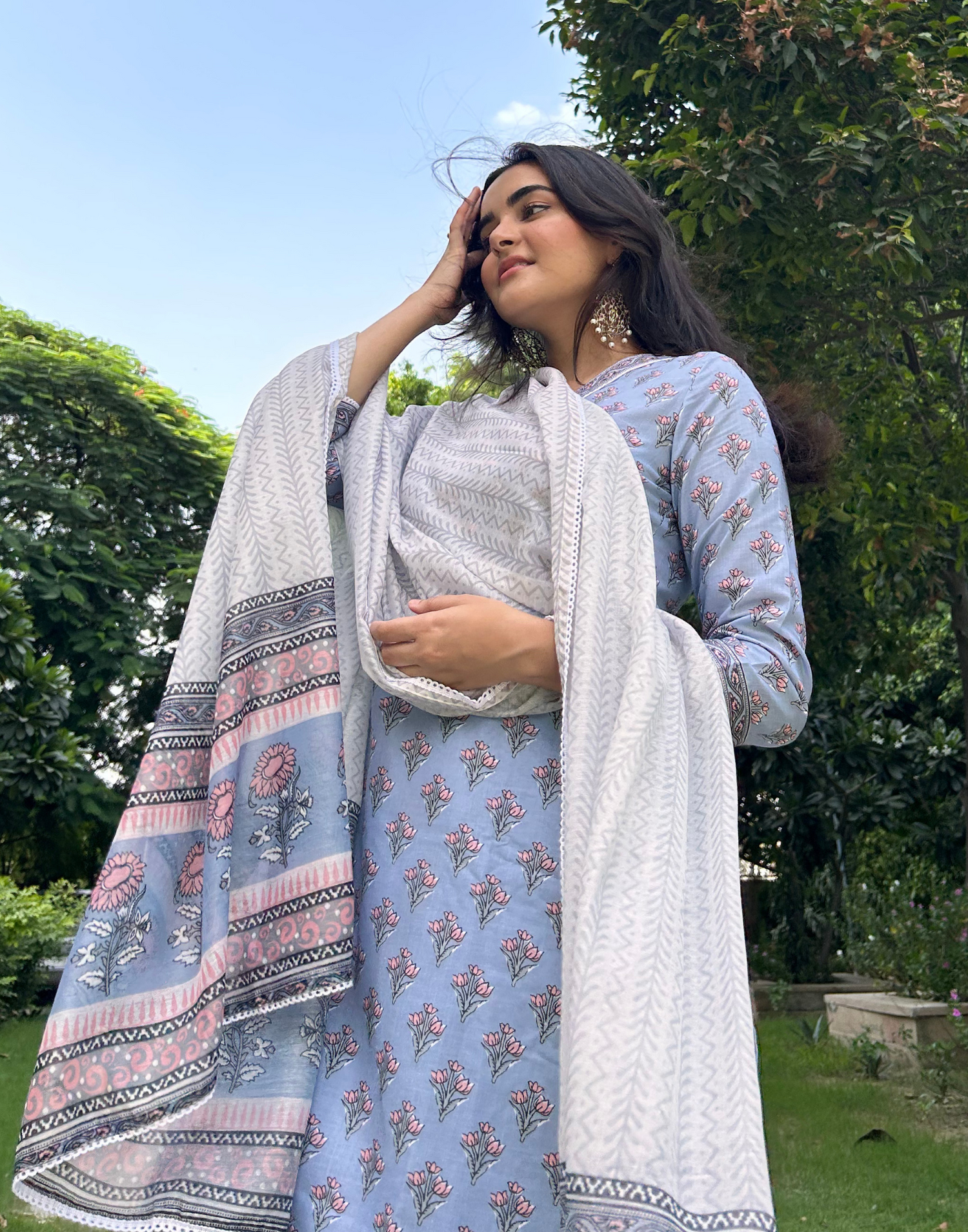 Light Blue Cotton Printed Straight Kurta With Pant And Dupatta