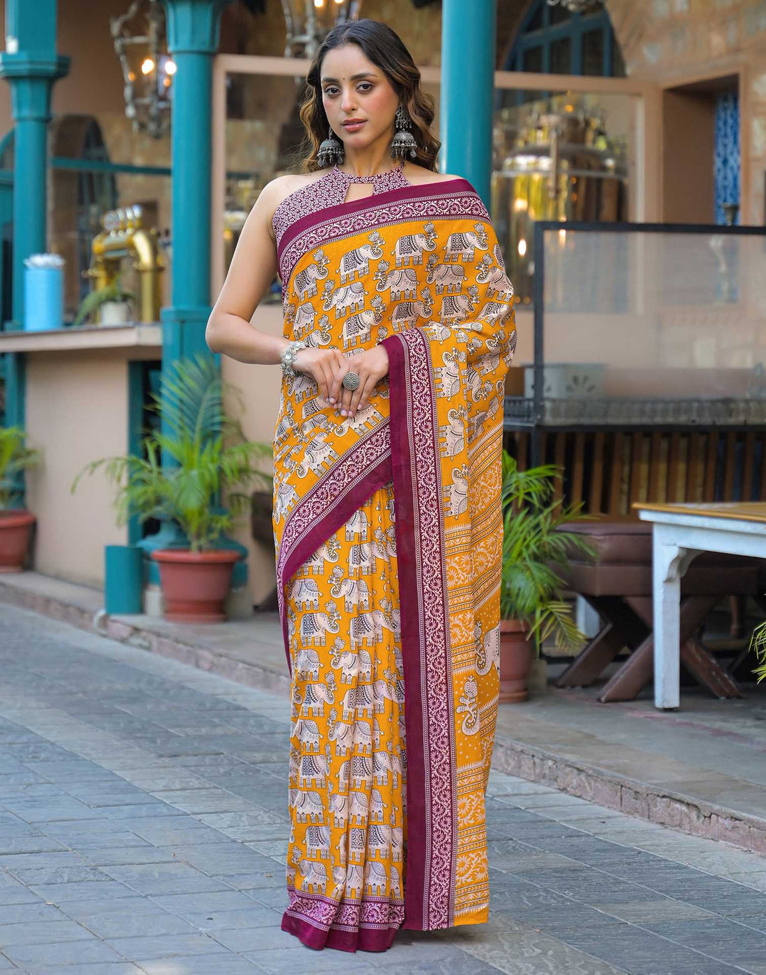 Yellow Cotton Printed Saree