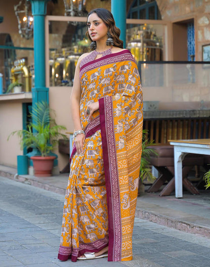 Yellow Cotton Printed Saree
