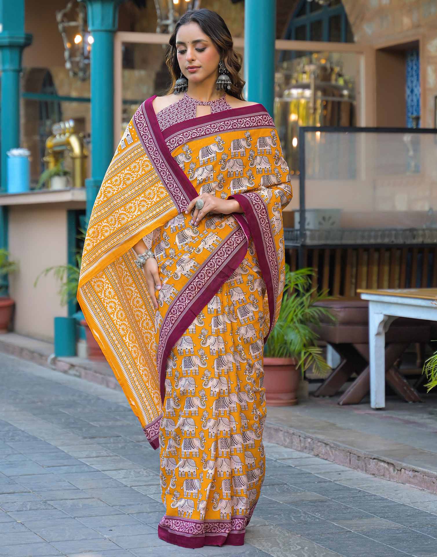 Yellow Cotton Printed Saree