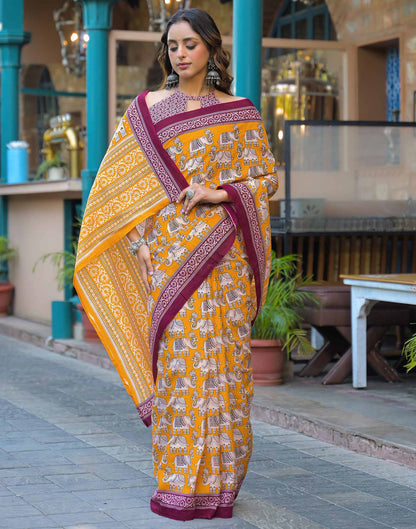 Yellow Cotton Printed Saree