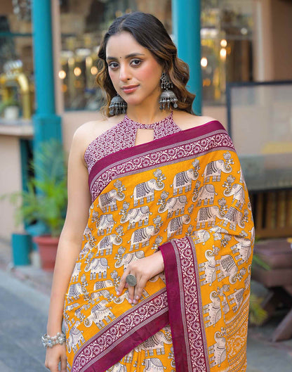 Yellow Cotton Printed Saree