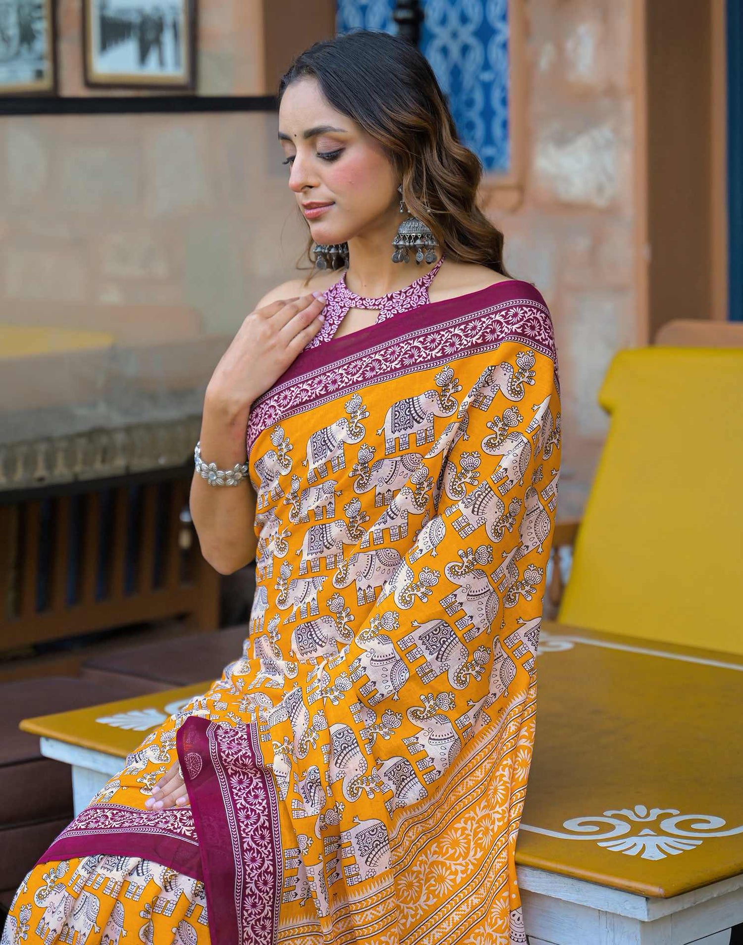 Yellow Cotton Printed Saree