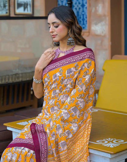 Yellow Cotton Printed Saree