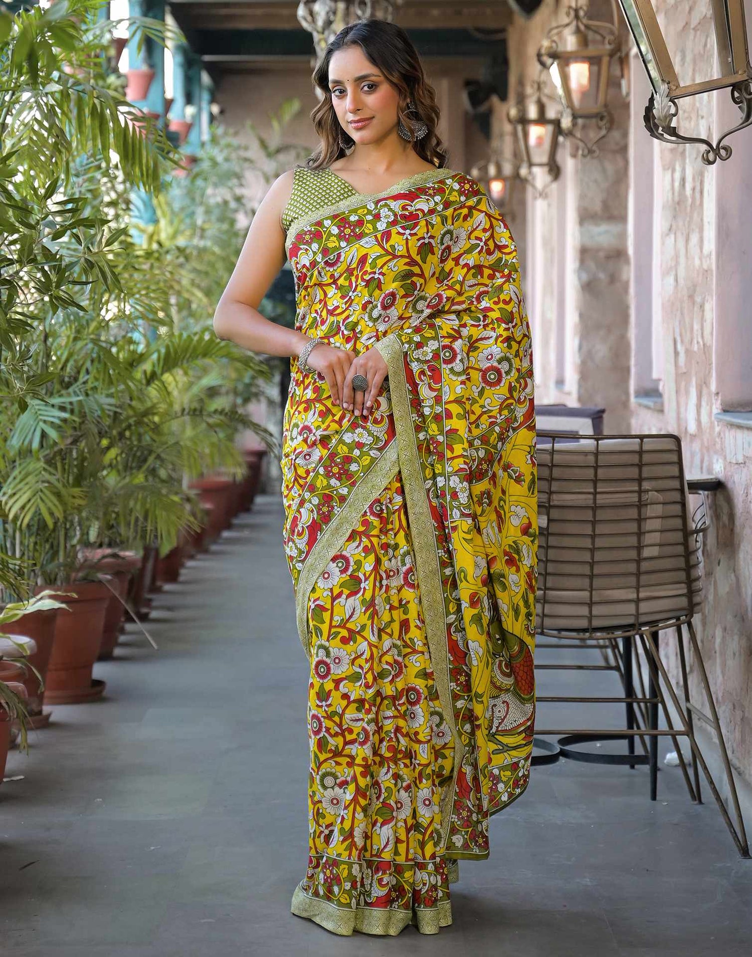 Yellow Cotton Floral Printed Saree