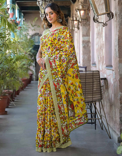 Yellow Cotton Floral Printed Saree