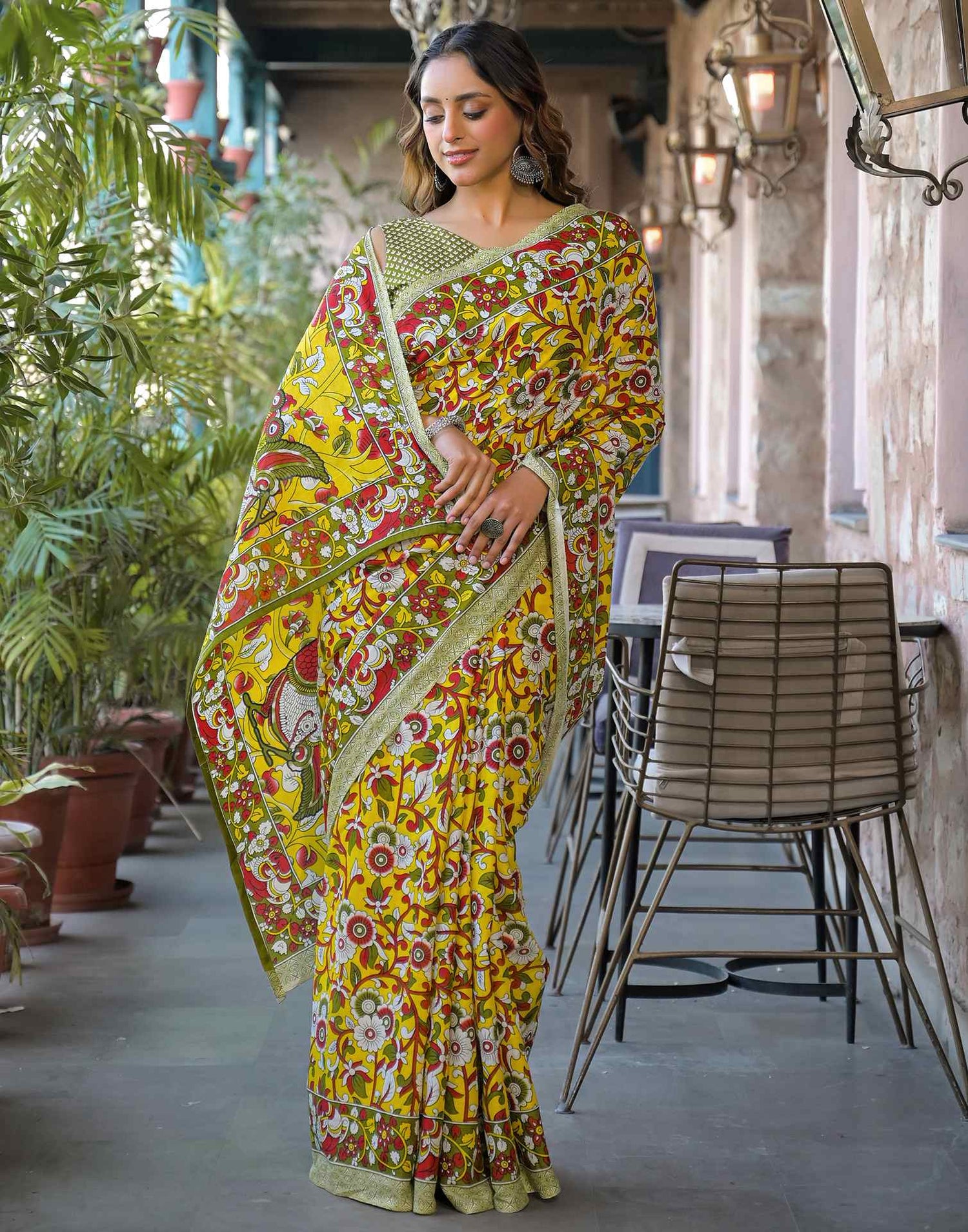 Yellow Cotton Floral Printed Saree
