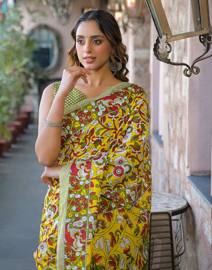 Yellow Cotton Floral Printed Saree
