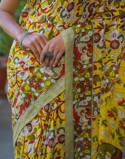 Yellow Cotton Floral Printed Saree