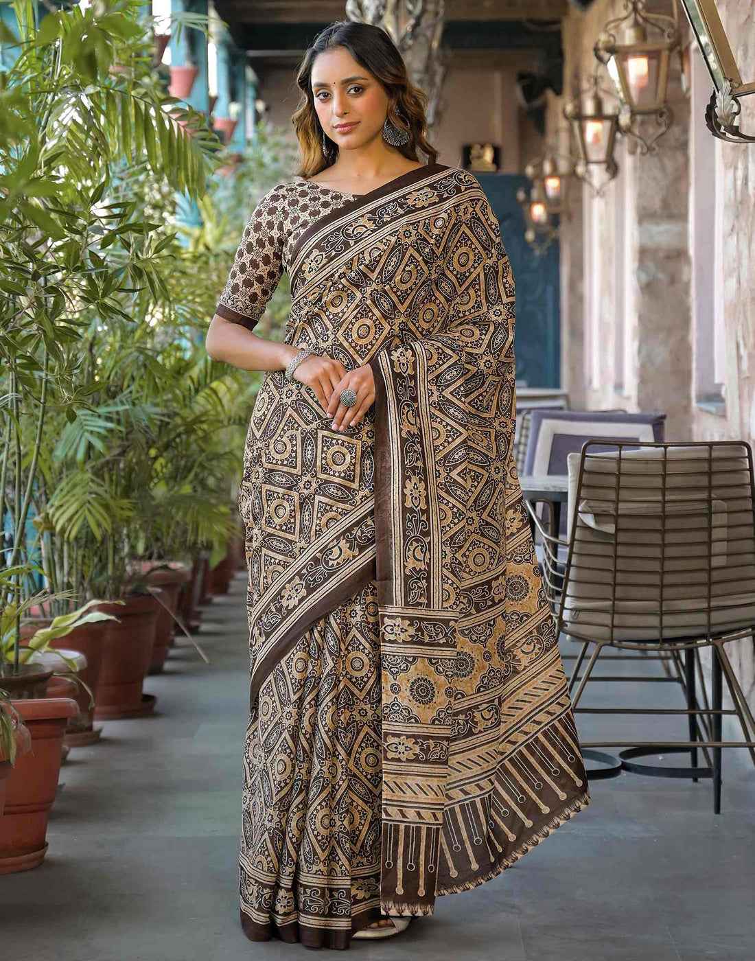 Brown Cotton Printed Saree