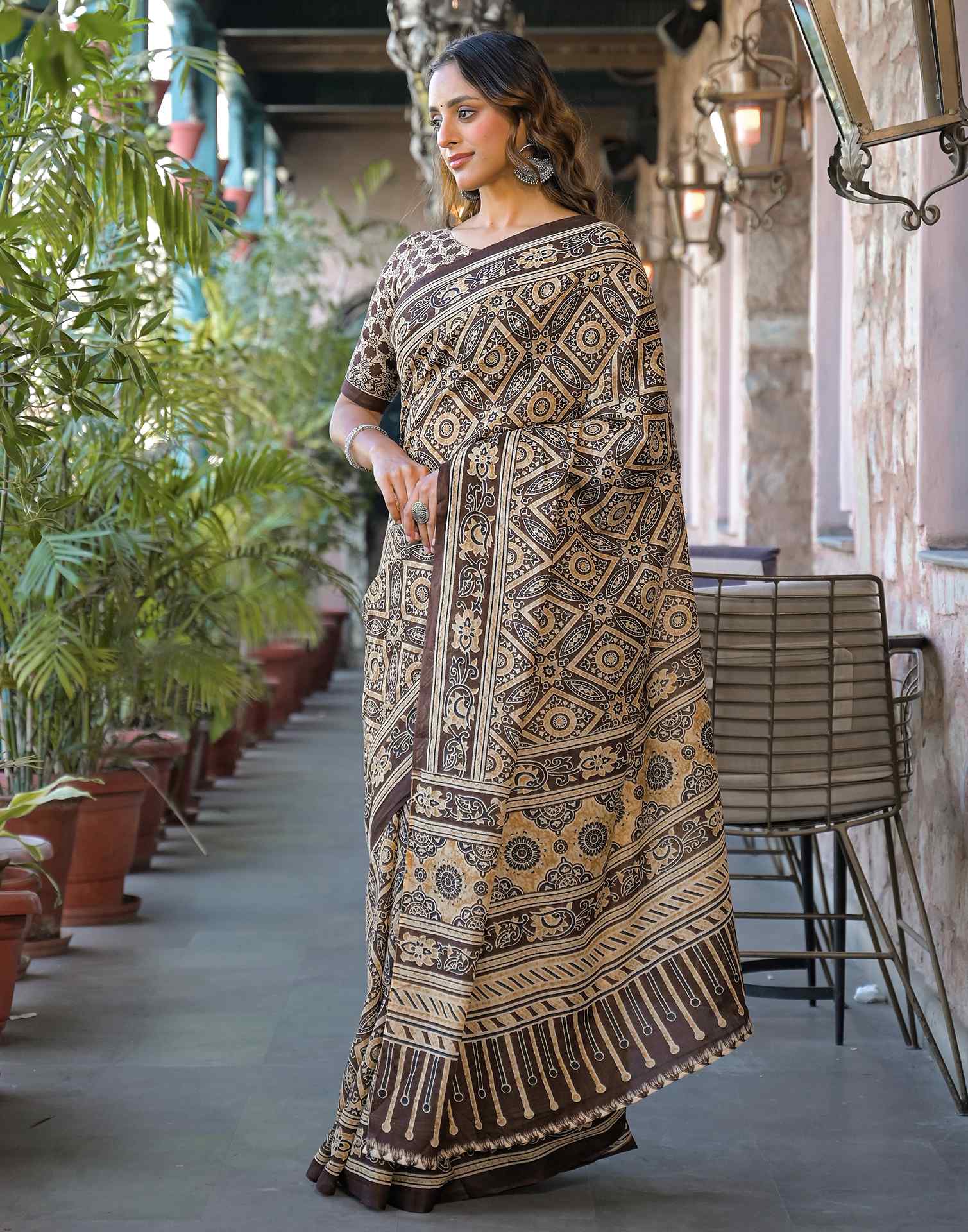 Brown Cotton Printed Saree