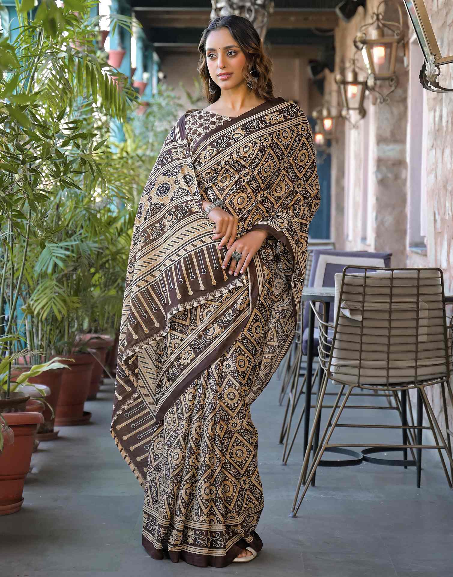 Brown Cotton Printed Saree