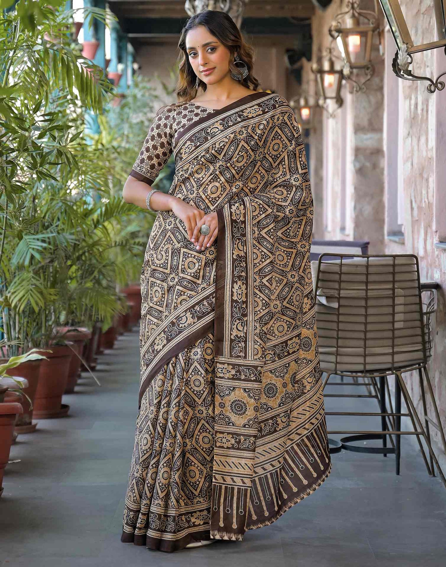 Brown Cotton Printed Saree