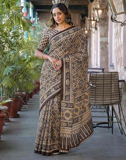 Brown Cotton Printed Saree