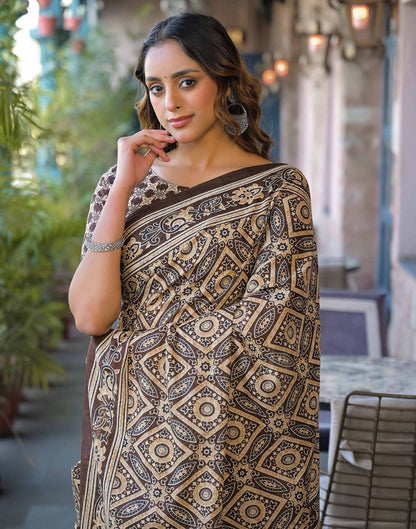 Brown Cotton Printed Saree