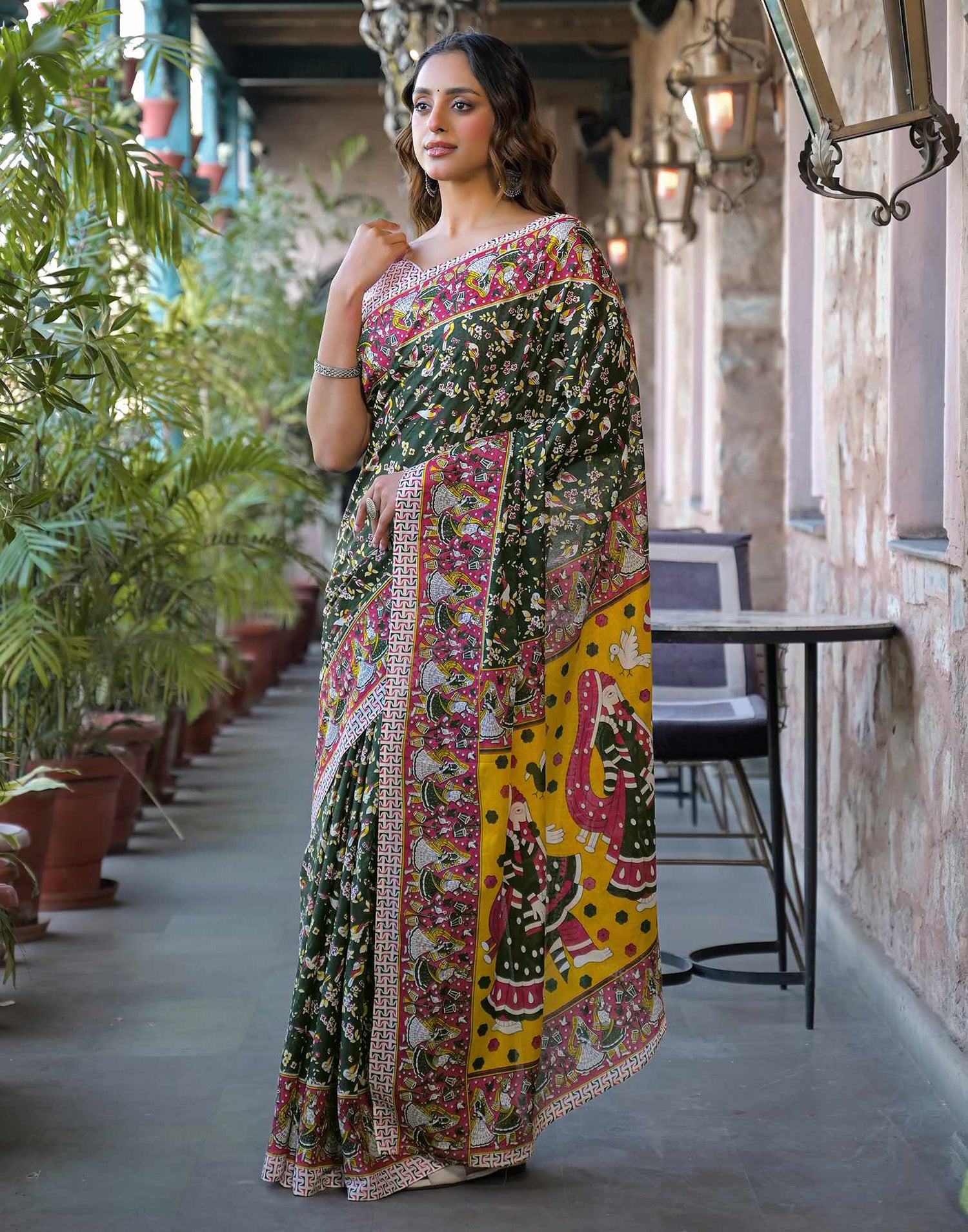 Dark Green Cotton Printed Saree
