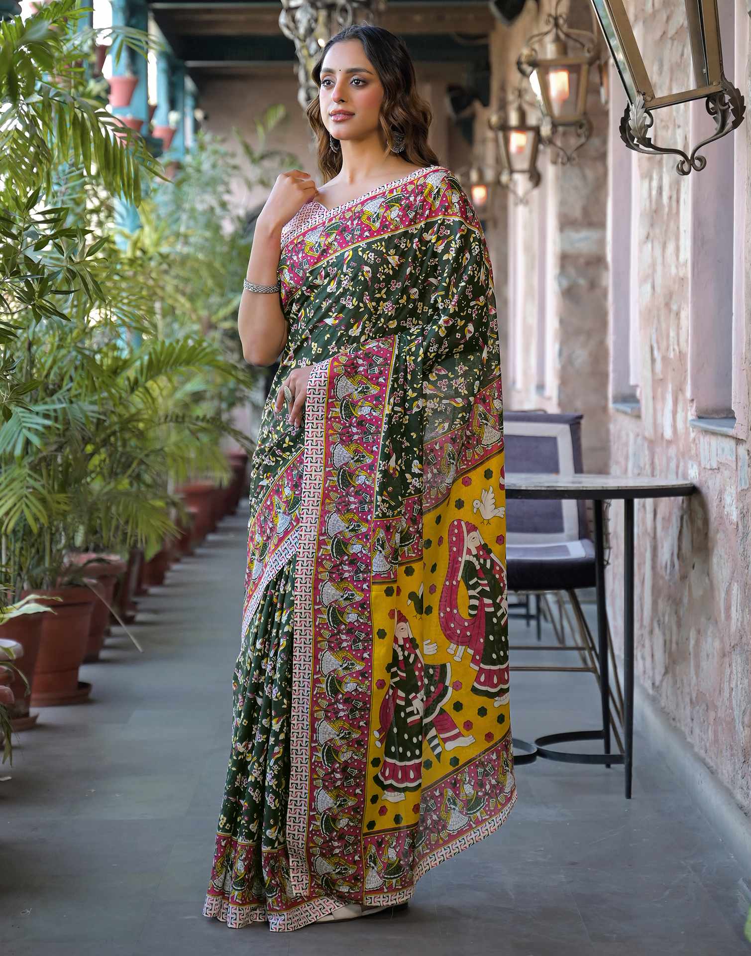 Dark Green Cotton Printed Saree