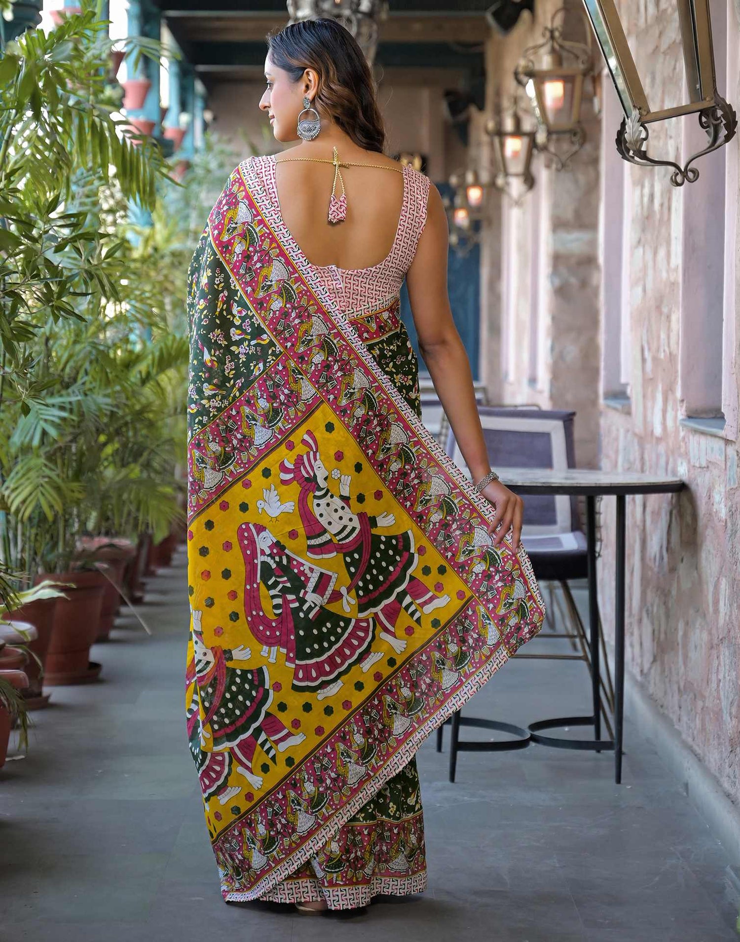 Dark Green Cotton Printed Saree