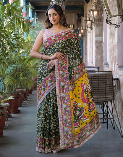 Dark Green Cotton Printed Saree