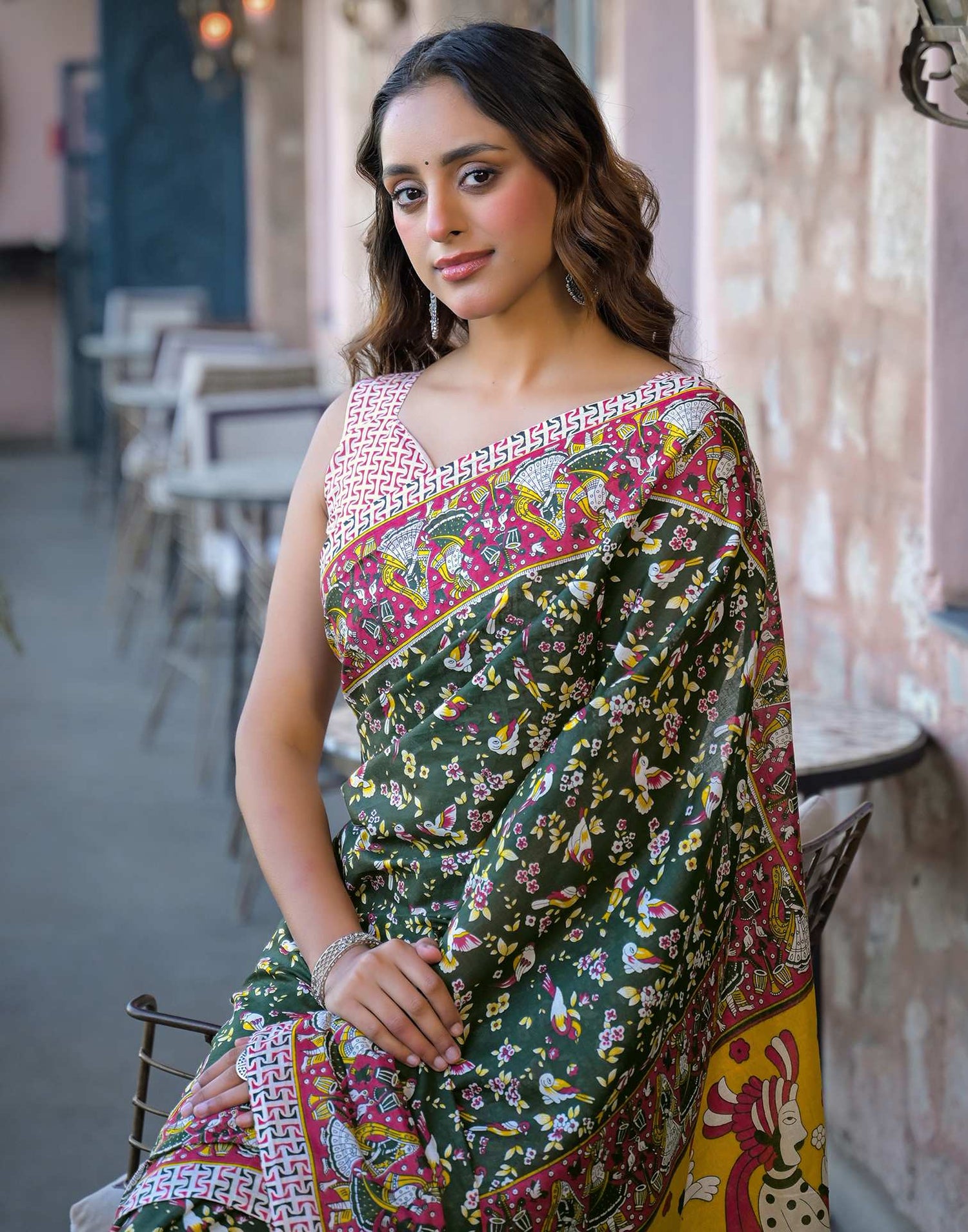 Dark Green Cotton Printed Saree