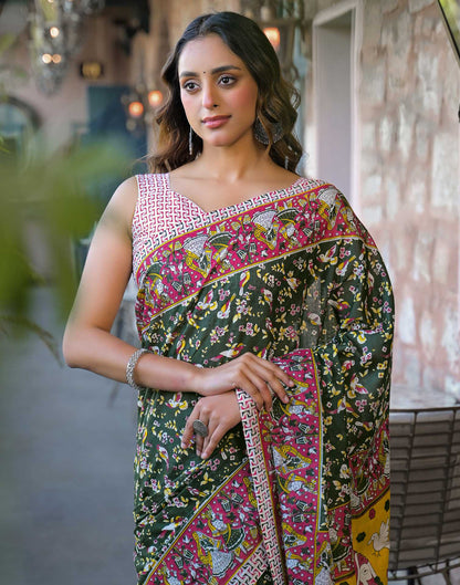 Dark Green Cotton Printed Saree