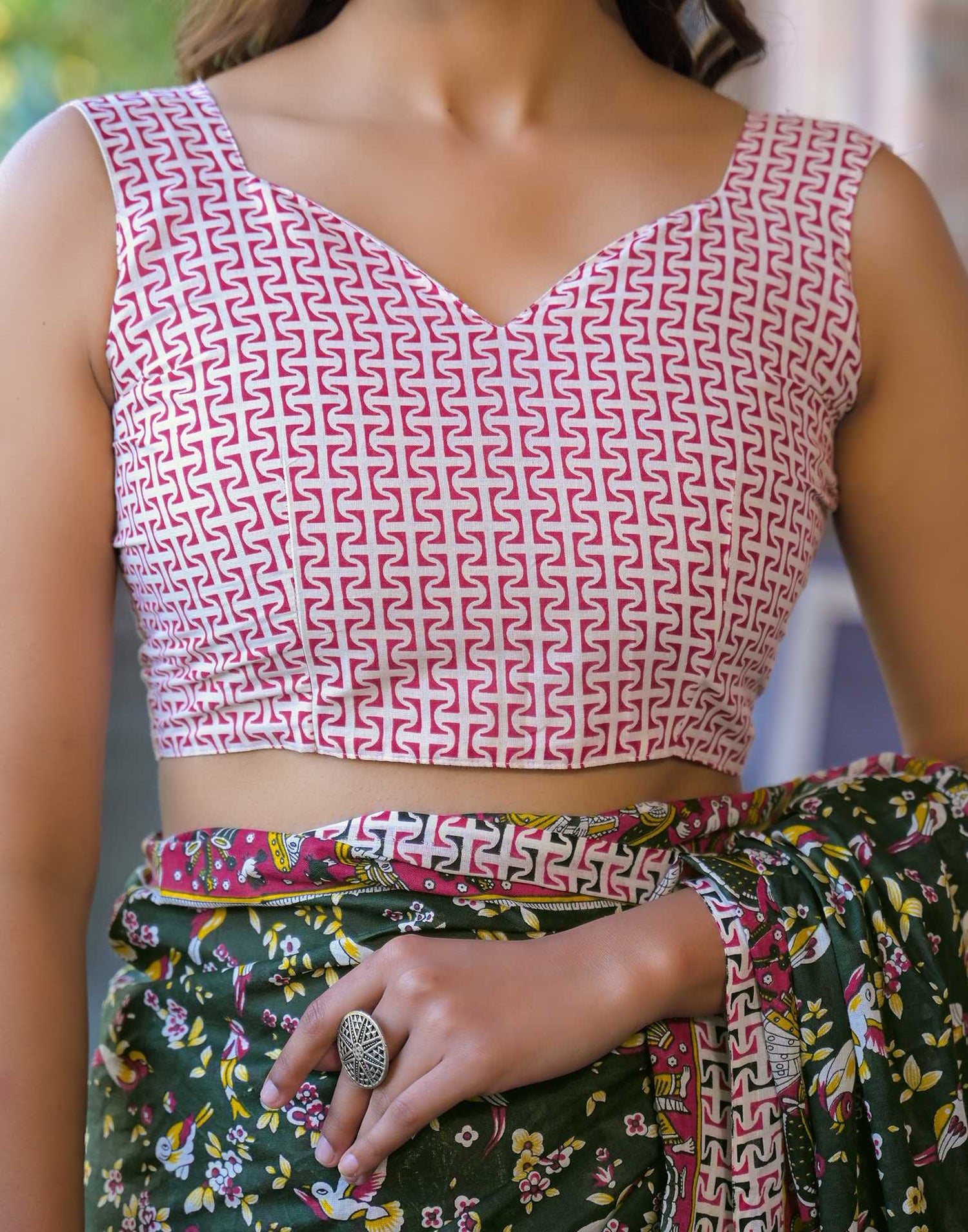 Dark Green Cotton Printed Saree