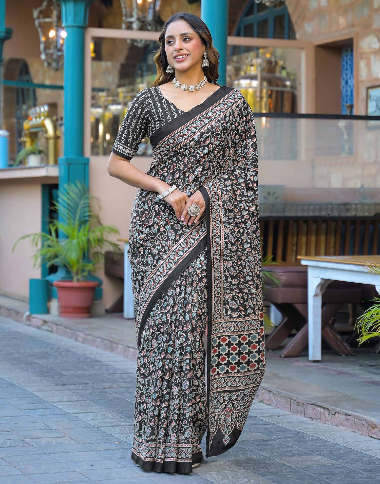 Black Cotton Printed Saree