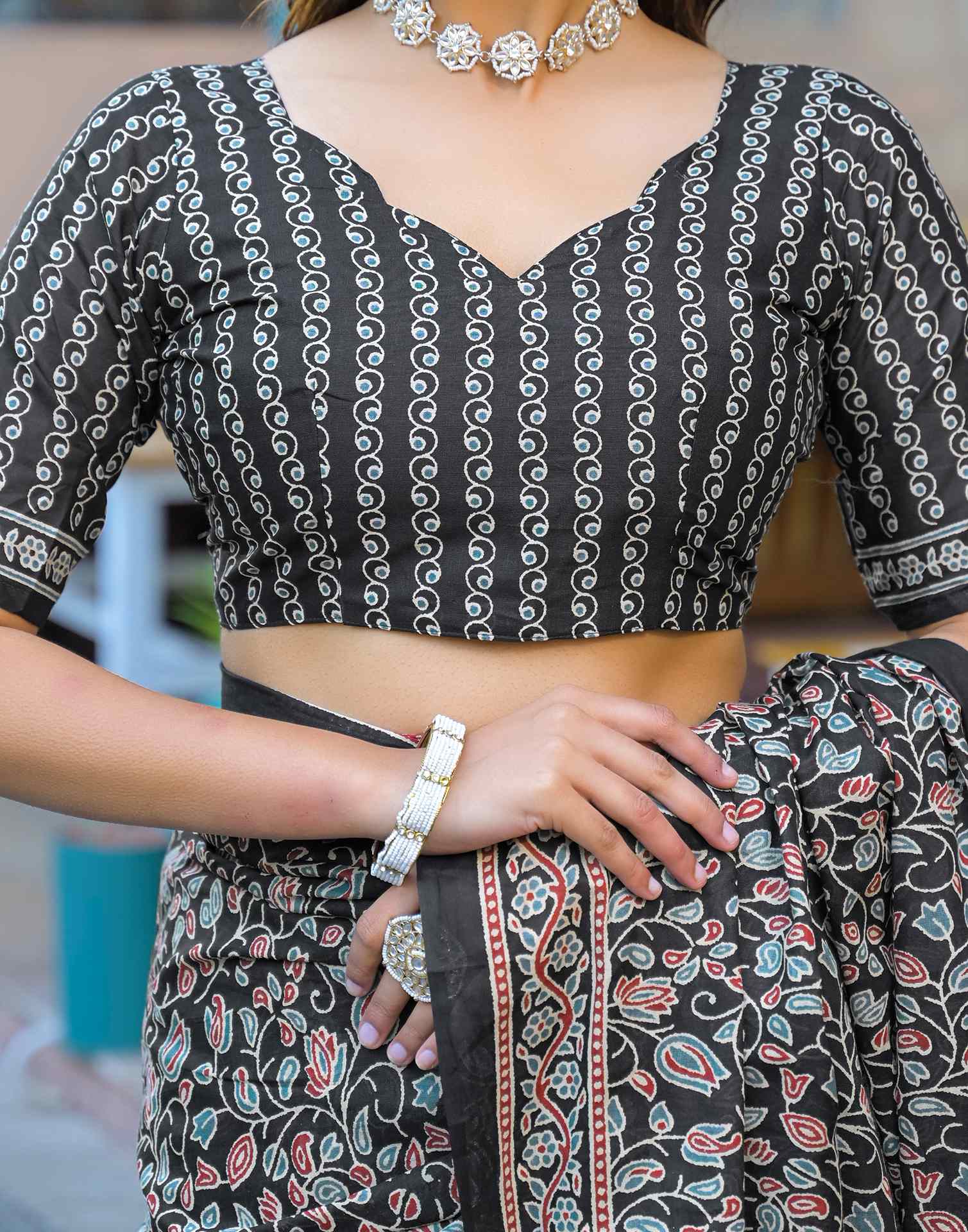 Black Cotton Printed Saree