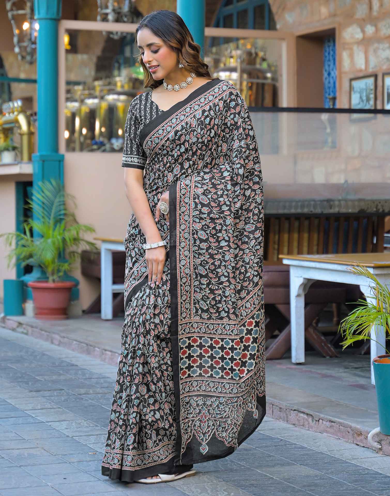 Black Cotton Printed Saree