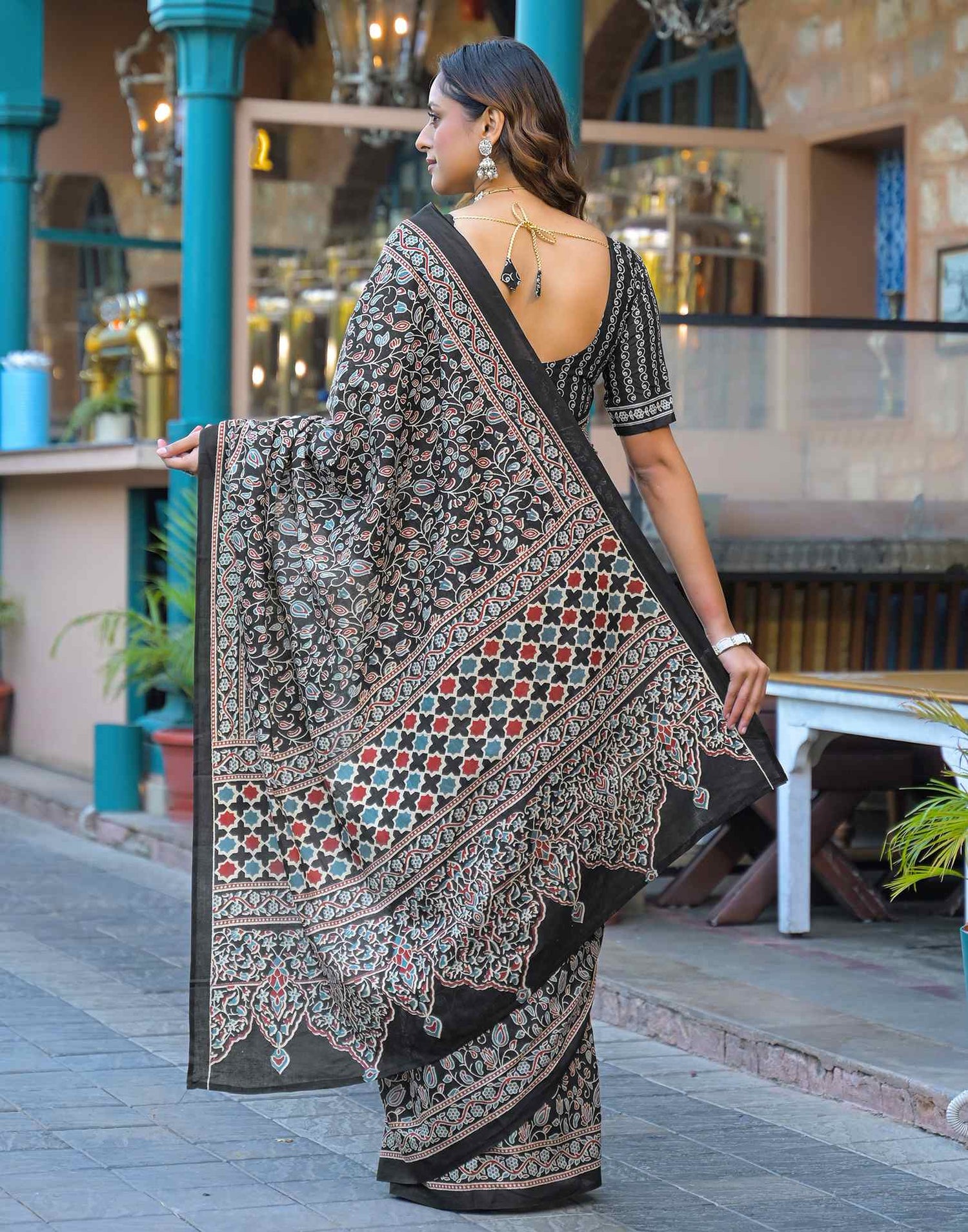 Black Cotton Printed Saree