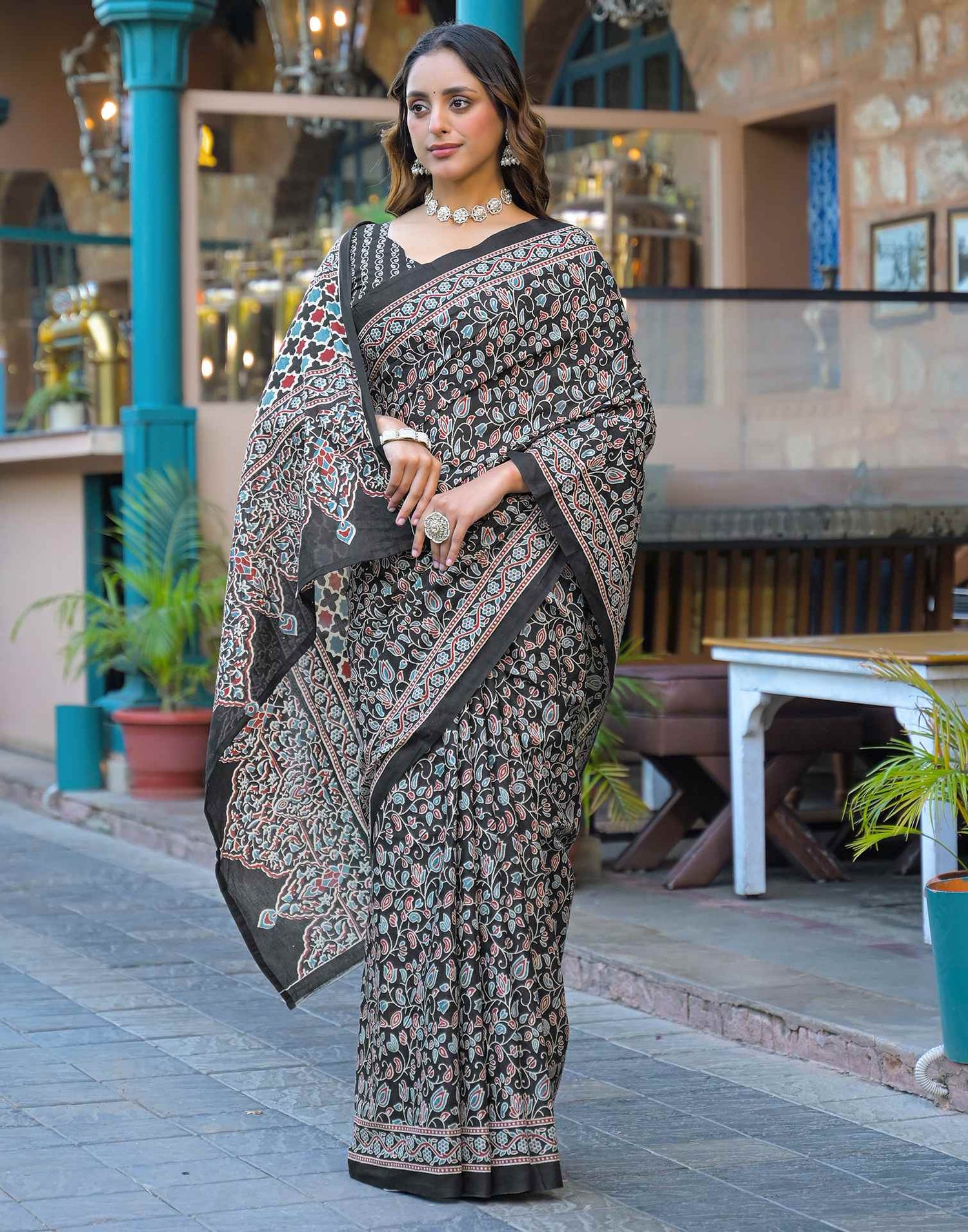 Black Cotton Printed Saree