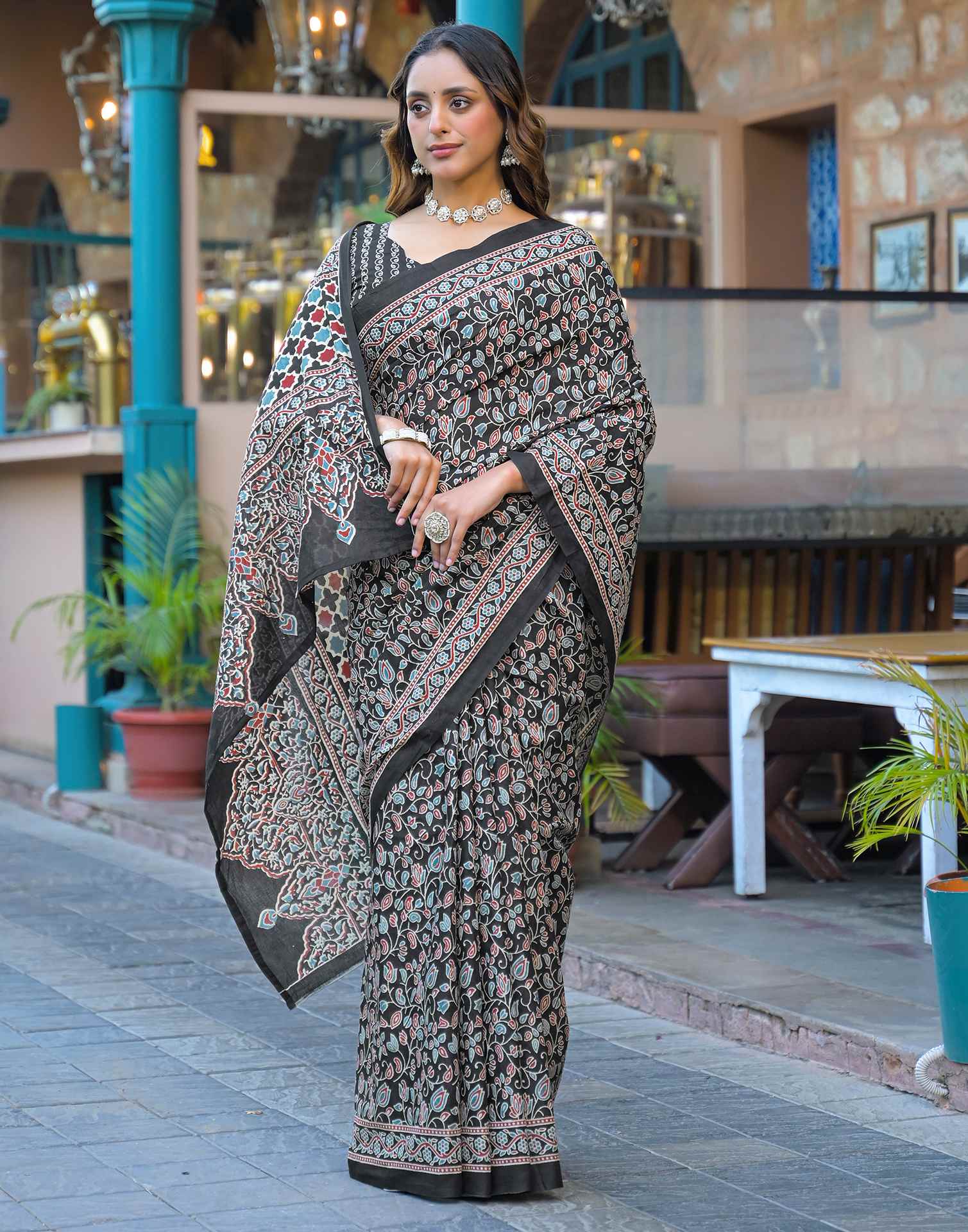 Black Cotton Printed Saree