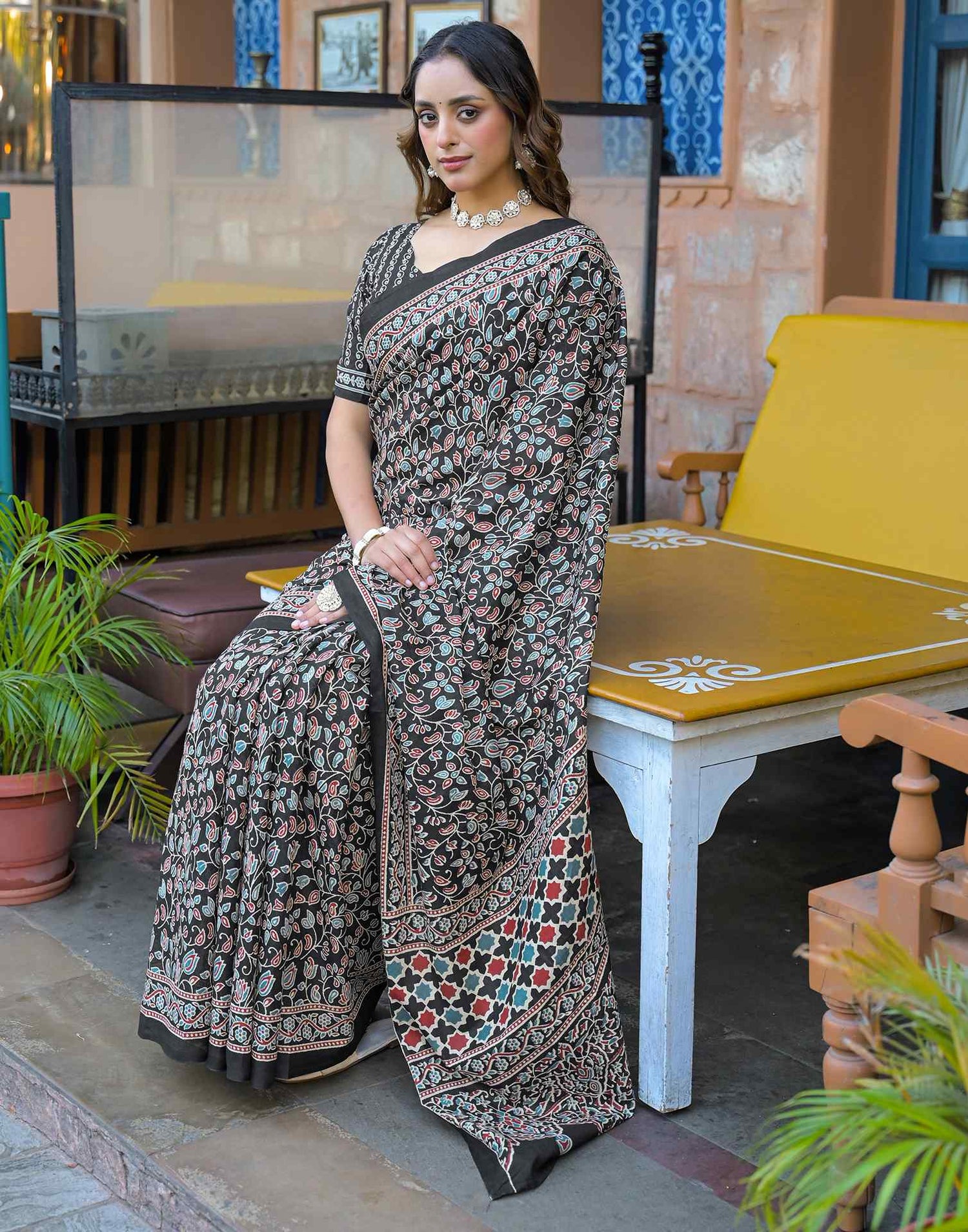 Black Cotton Printed Saree